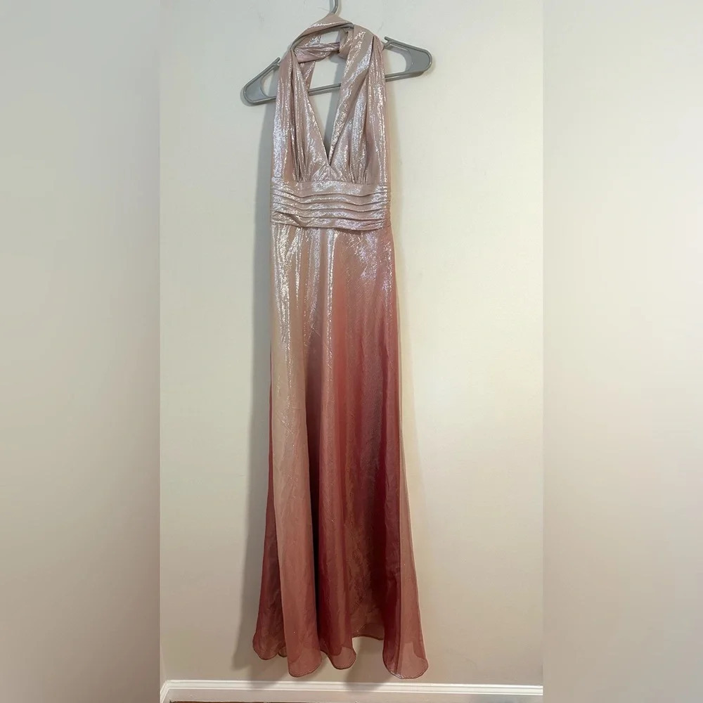 David Meister Rose Gold SILK metallic halter wedding guest gown dress maxi
